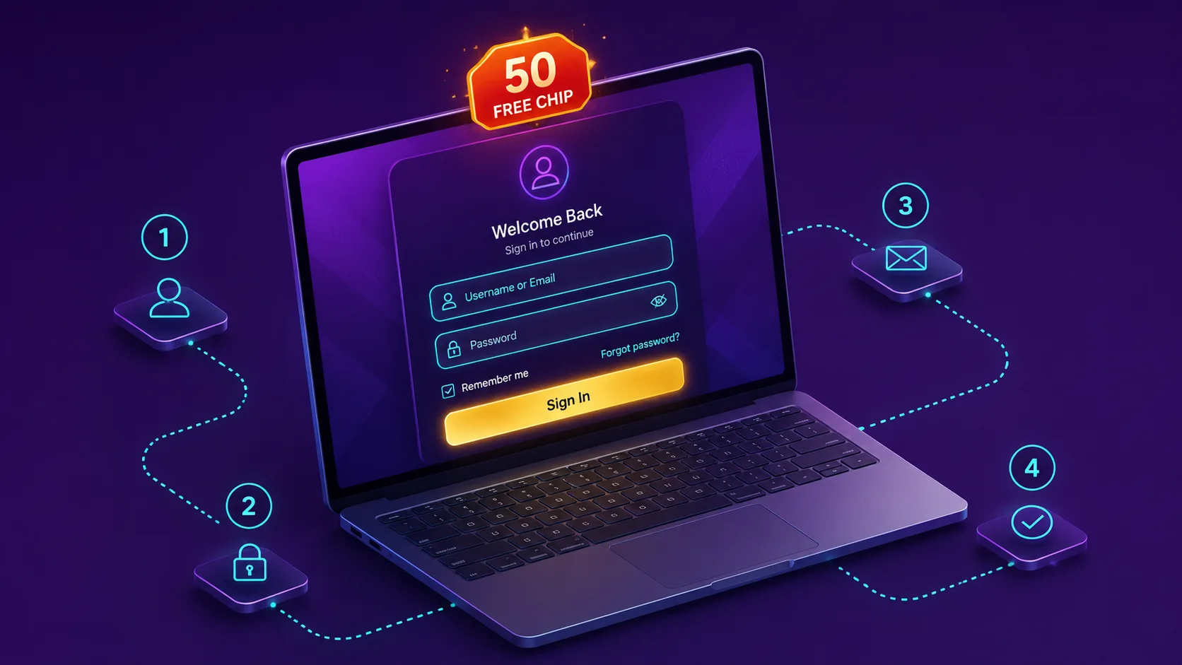 Avantgarde Casino login flow, laptop showing welcome back form with unverified free-chip offer badge and 4-step verification path